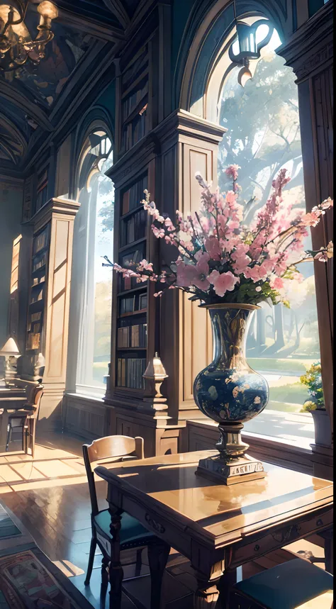 ((Best quality)), ((Masterpiece)), ((Ultra-detailed)), (illustration), (Detailed light),Magic Library,Flowers and trees