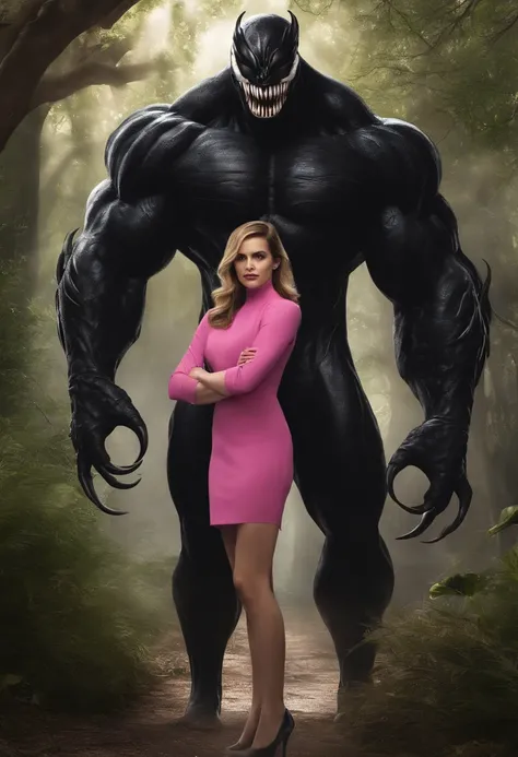 a woman in a pink dress standing next to a monster, venomized, venom fangs, symbiote, giga chad, emma watson as giant man, female superhero proportions, accurate fictional proportions, size difference, venomfang, venom symbiote, giga chad capaybara, venom,...