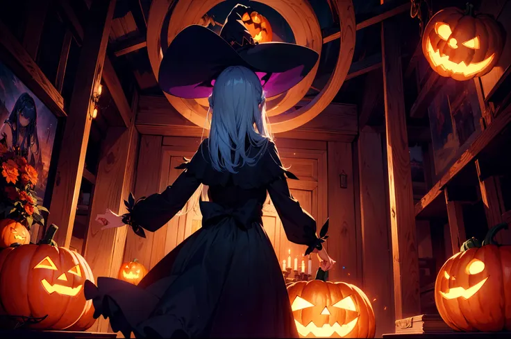 1 witch girl, standing in front of big jack o lantern, blue magic circle ,from behind, from below , looking jack o lantern , cinematic lighting ,high resolution,(incredibly absurdres),anime visual,extremely detailed CG unity 8k wallpaper, ((masterpiece)), ...