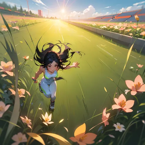 Girl running across the field, (((Neon flowers))), middle shot, Portrait, Clouds, sun rising, big breastes, latex bodycon suit, Long black hair , sneakers, sprint, Perspective in the profile of a girl, ((runs across the field)), (((Sprints across the field...