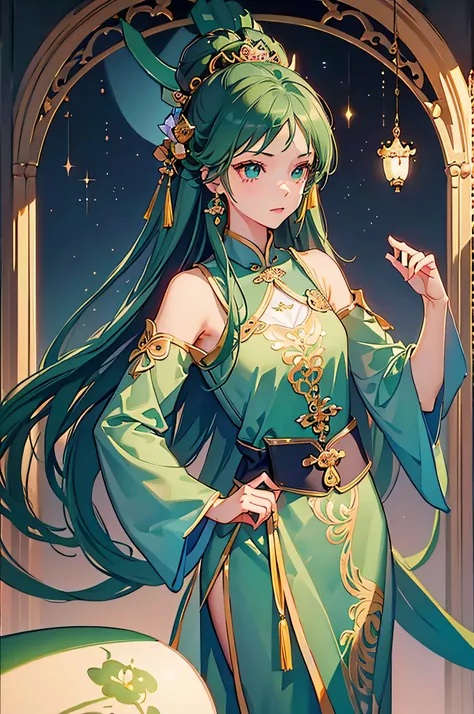 masterpiece,best quality,1girl,solo,jade,princess,dragon,green,royal,noble,mature