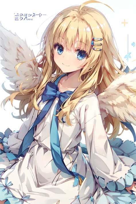 filo, blonde hair, ahoge, hair ornament, flat chest, bangs, long hair,angel wings, white dress, blue bow open smile,,top image q...