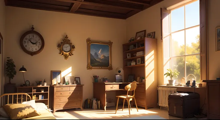 Create a Vibrant Illustration of Peters Room During a Sunny Afternoon. Make sure the room is full of tools and , As a decoration theme would be the age of dinosaurs. No centro da cena, destaque a gaveta antiga aberta, with a bright beam of light that revea...