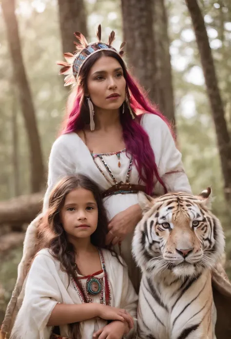 Medium brown complected pregnant Native American warrior princess wearing a tribal headdress and her beautiful 7 year old daughter riding a giant white tiger. They are wearing traditional tribal clothing and red lipstick. The daughter has very bright pink ...