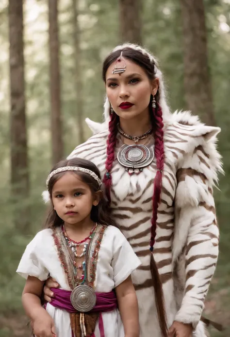 Medium brown complected pregnant Native American warrior princess wearing a tribal headdress and her beautiful 7 year old daughter riding a giant white tiger. They are wearing traditional tribal clothing and red lipstick. The daughter has very bright pink ...