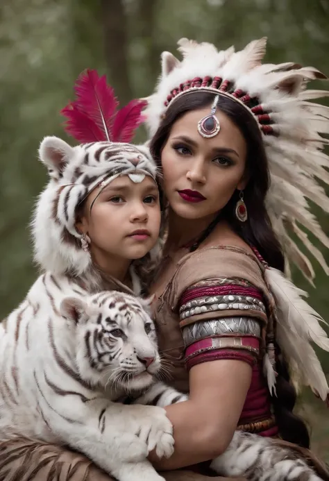 Medium brown complected pregnant Native American warrior princess wearing a tribal headdress and her beautiful 7 year old daughter riding a giant white tiger. They are wearing traditional tribal clothing and red lipstick. The daughter has very bright pink ...