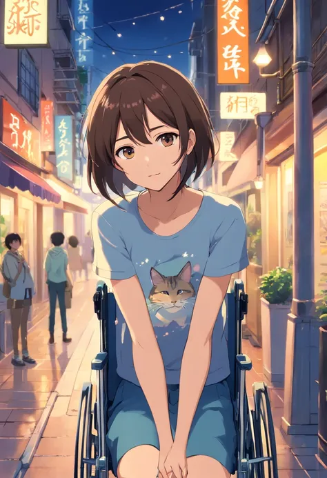 (Best quality, High resolution, Masterpiece :1.3), A pretty woman, Slender figure, Dark brown hair, T-shirt, (Street in city at night), Highly detailed face and skin texture, Detailed eyes, Double eyelid,in a wheelchair,with cat