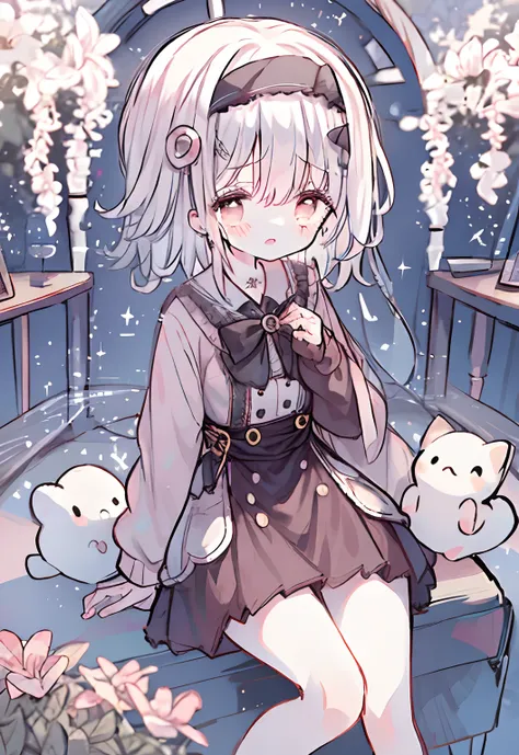 white hair、short-hair、curled hair、light red eyes、cute clothes、jaket、black skirt、murky、sitting down on the floor、sitting、hair swa...