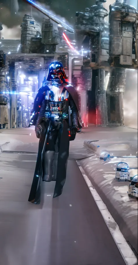 darth vader standing in front of a group of storm troopers in a room,
holding lightsabe in his hands, walking across a bunch of stormtroopers behind him,
Black_outfit,hood, hood_up, boots, darth vader helmet,cape,armor, shoulder armor, armored boots,  
glo...