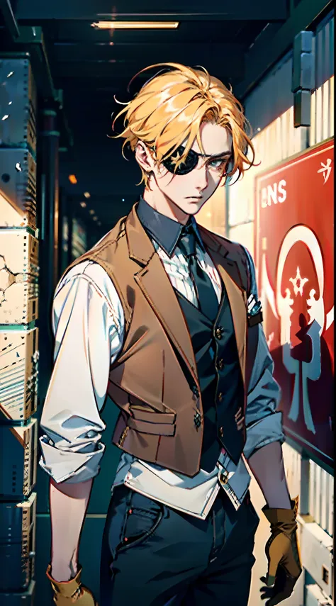 A young man with short golden hair, hair standing upright, right-eyepatch, a serious expression, a deep gaze, well-defined facial features, a two-piece sleeveless vest in a fantasy-modern style, color scheme primarily features shades of orange-red, with ye...