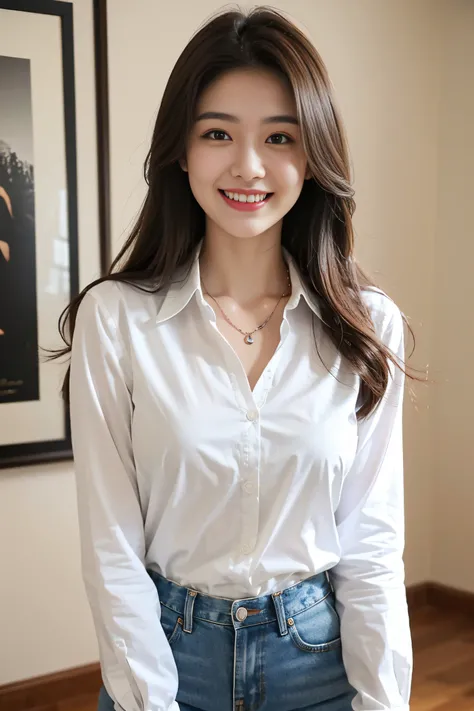 (Best quality, Complex details: 1.2,Realistic:1.2) ,A girl(22 years old),[Liu Yifei:0.9],(womens long sleeves collared shirt ,necklace),[Denim shorts],long hair, grin,stand,(white skin:1.2),(many people:1.2),living room,