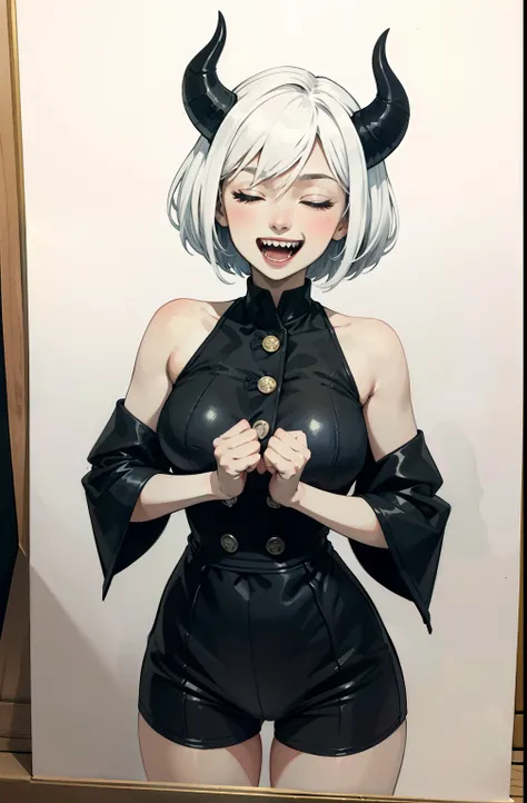 1girl, arms under breasts, black horns, buttons, closed eyes, demon girl, horns, limited palette, open mouth, painting (medium), sharp teeth, short hair, smile, teeth, traditional media, watercolor (medium), white background, white hair