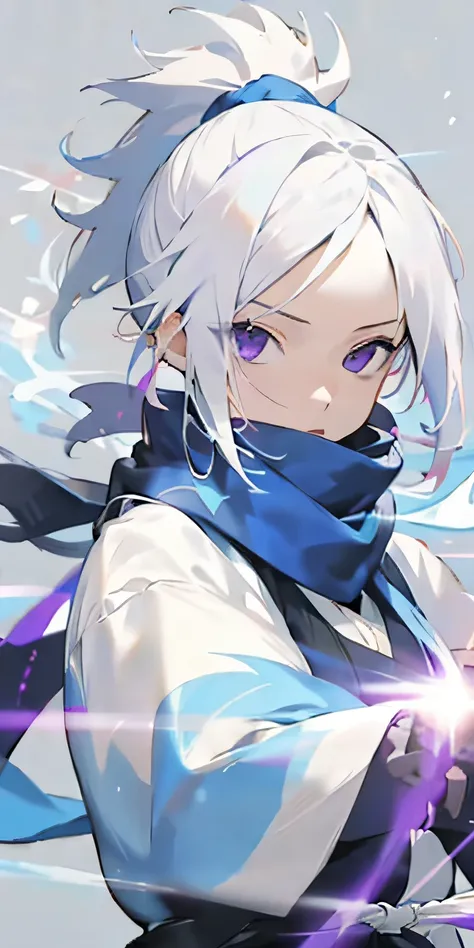 upper body, 1girl, white hair, ponytail, purple eyes, (ninja), short sword, medium breats ,scarf, wallpaper, magic circle background, light particles, blue fire,