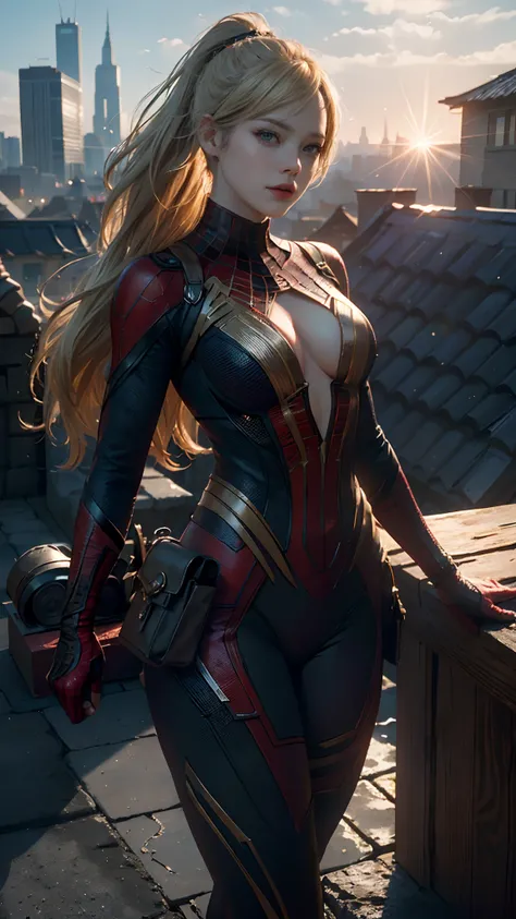 1girl, Emma Stone as spiderman (from marvel studios), look at viewer, (masterpiece, best quality, detailed skin texture, detailed cloth texture, beautiful detailed face, intricate details, ultra detailed), Ponytail, blonde hair, on the roof, random pose, ...