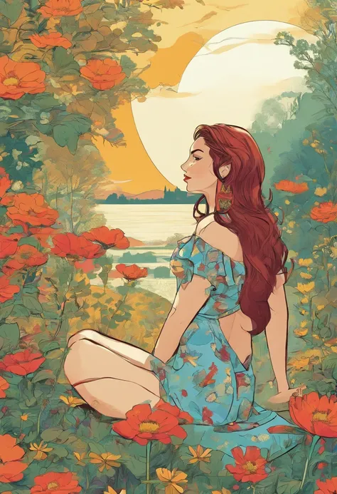 Woman in a sitting position, morena, seen from behind, Wildflowers in her hands, The color scheme is bright,  Vintage & Retro Style