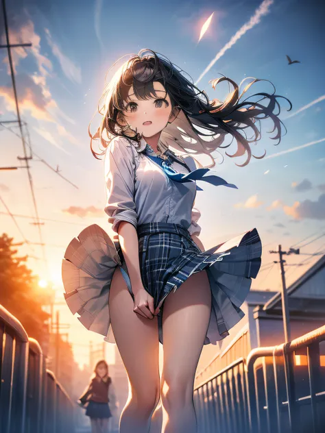 in 8K、top-quality、​masterpiece、ultra-detailliert、Ultra-high resolution、((1 persons))、girl with、校服、Braided hair、makeups、plaid skirts、heavy wind、((((Flip the skirt))))、(((panties on)))、View of the city