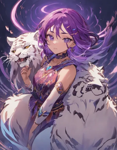 Native American woman with purple hair and dark brown eyes riding a white tiger