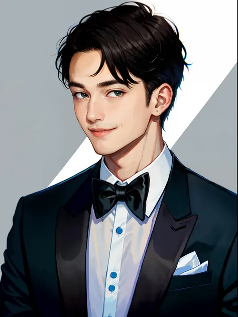 Young man in tuxedo smiling at camera, headshot profile picture