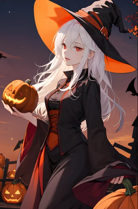 Theres a woman in a witch costume holding two pumpkins, a witch hat, a witch outfit, a black outfit, white hair,  Halloween night background, red eyes, a pretty girl