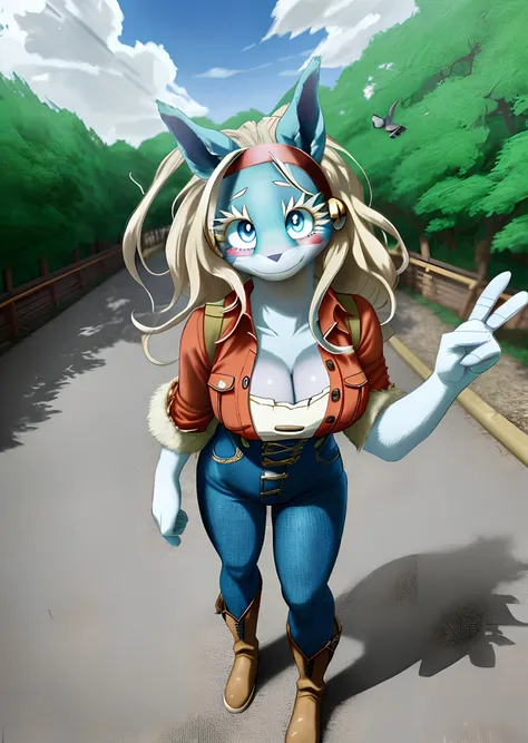 [ippan_josei], [Boku no hero academia], ((masterpiece)), ((HD)), ((high quality)), ((solo portrait)), ((full body)), ((shoes visible)), ((furry)), ((anime)), ((detailed shading)), ((intricate details)), {anthro; (tall slender body), (blue fur), (long bleac...