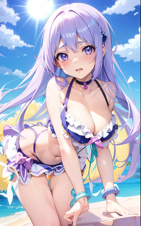 anime girl in bikini with purple hair and blue eyes, seductive anime girl, anime moe artstyle, aqua from konosuba, anime goddess, marin kitagawa fanart, small curvy loli, hanayamata, [ 4 k digital art ]!!, smooth anime cg art, swimsuit, full body:: sunny w...