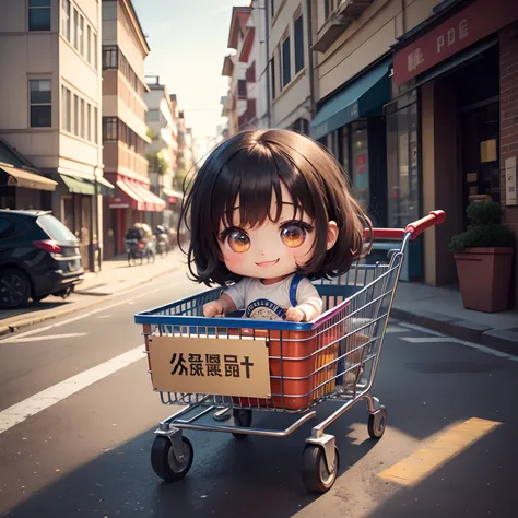 ​masterpiece、top-quality、ultra-detailliert、(Chibi Chara:1.2)、Sit in shopping cart、Reaching for Heaven、Bursting smile、Lombard Street、run