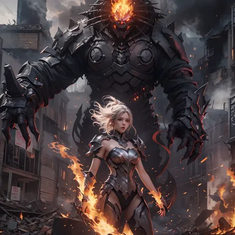 8k, top-quality, （pubic hair beauty）、hight resolution, realisticlying, realperson, A hero wearing glowing armor fighting black smoke and assimilated monsters、The hero is a woman in a building street where fire and smoke rise、The building is collapsing