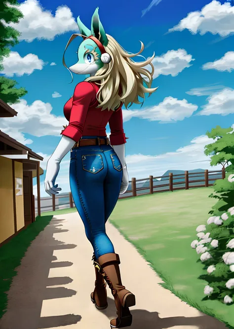 [ippan_josei], [Boku no hero academia], ((masterpiece)), ((HD)), ((high quality)), ((solo portrait)), ((back view)), ((full body)), ((shoes visible)), ((furry)), ((anime)), ((detailed shading)), ((intricate details)), {anthro; (cyan fur), (long bleach-blon...