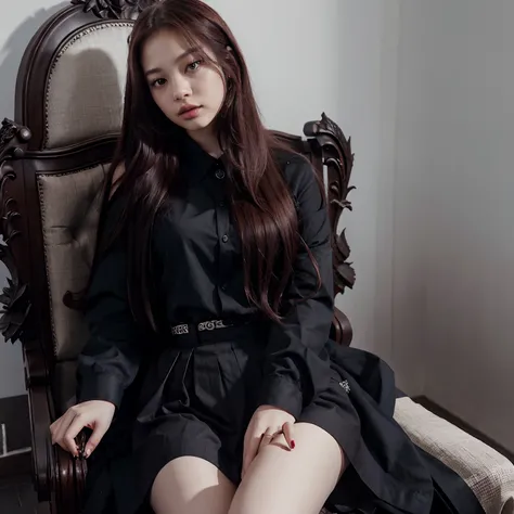 jennie blackpink with long hair dark red, a long skirt black, white shirt, eyes blue while she is sitting on a throne with a withered black rose