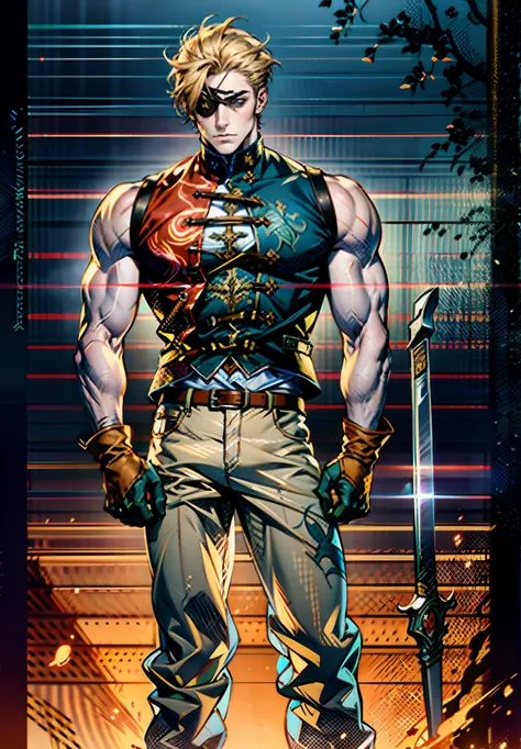 A young man with short golden hair, hair standing upright, right-eyepatch, a serious expression, a deep gaze, well-defined facial features, a two-piece sleeveless vest in a fantasy-modern style, color scheme primarily features shades of orange-red, with ye...