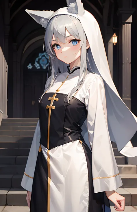 ​masterpiece,Top image quality,hight resolution,imagem 4k,Raw photo,Photorealsitic,{Solo},teens girl,silber hair,hime-cut,stare at each other,Blue eyes,小柄,Silver fox ears,Fox tail,chies,nun clothes,,boyish,Cultivated woman,