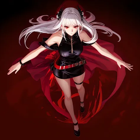 white hair girl, black eyes and red iris, black one piece dress, big chest, horrible aura, powerful, sexy, anime realism style