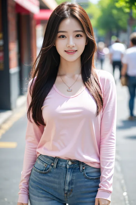 (Best quality, Complex details: 1.2,Realistic:1.2) ,A girl(22 years old),[Liu Yifei:0.9],(pink|red tight fitting long sleeved shirt,necklace),[Denim shorts],disheveled hair, grin,stand,street,