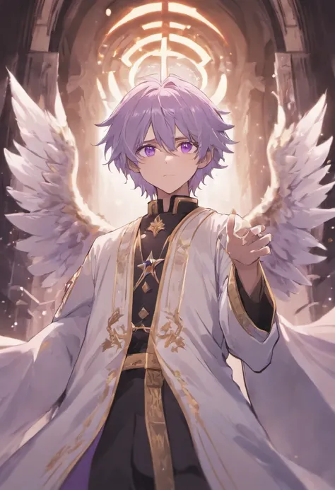 Black military uniform,white robes,Purple-eyed silver-haired male angel