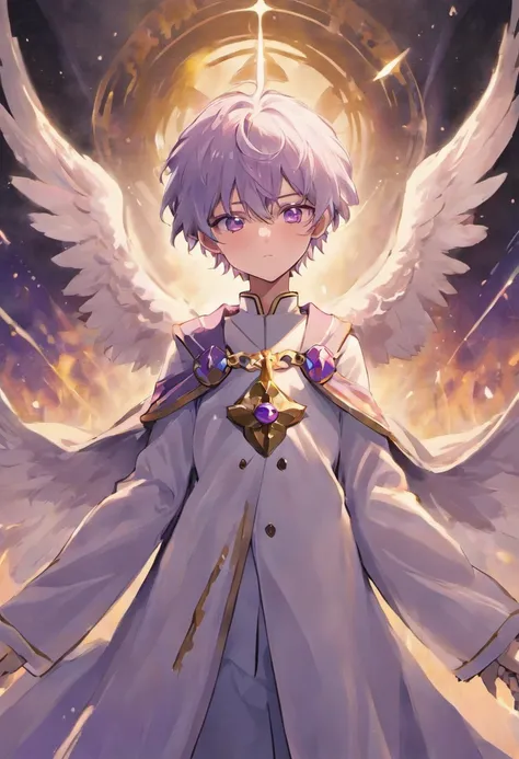 Black military uniform,white robes,Purple-eyed silver-haired male angel