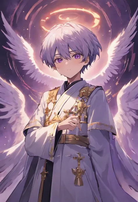 Black military uniform,white robes,Purple-eyed silver-haired male angel