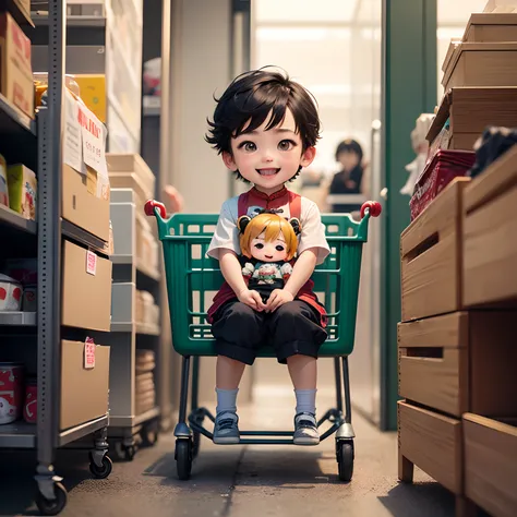 ​masterpiece、top-quality、ultra-detailliert、(Chibi Chara Ancient Chinese Boy:1.2)、Sit in shopping cart、Open your mouth and smile、Baldwin Street。