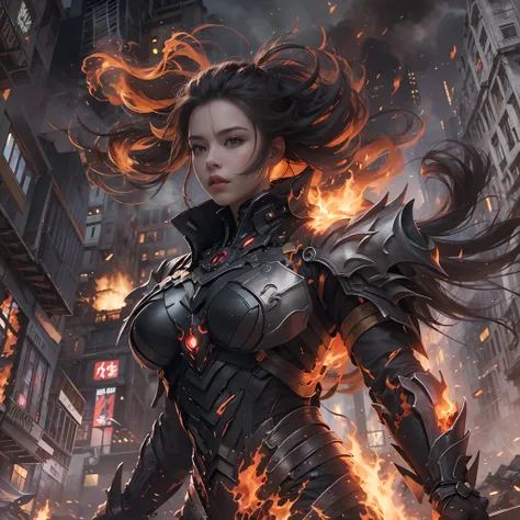 8k, top-quality, （pubic hair beauty）、hight resolution, realisticlying, realperson, A hero wearing glowing armor fighting black smoke and assimilated monsters、The hero is a woman in a building street where fire and smoke rise、The building is collapsing