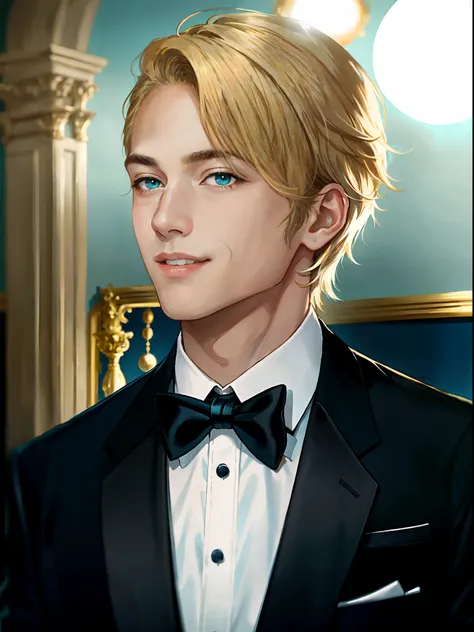 Young man in tuxedo smiling at camera, headshot profile picture, Cyan eyes, blond hair, Blurred ball background