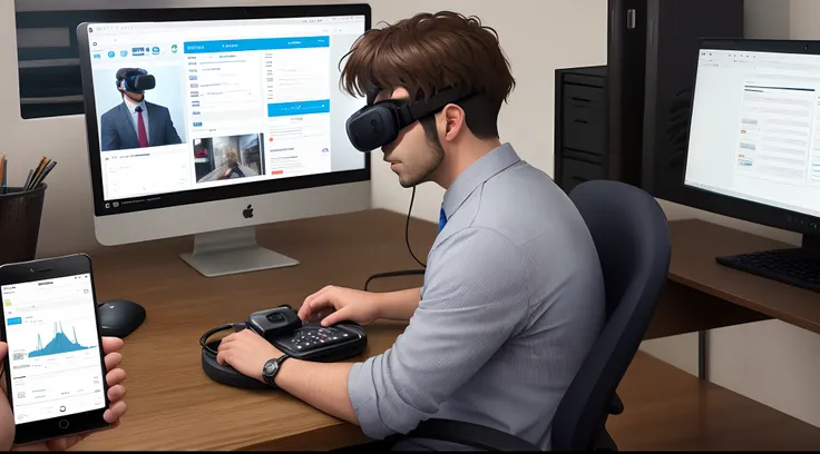 A realistic man sitting at an office desk using a smartphone, multiple conputer screens,  vr goggles, and a pager