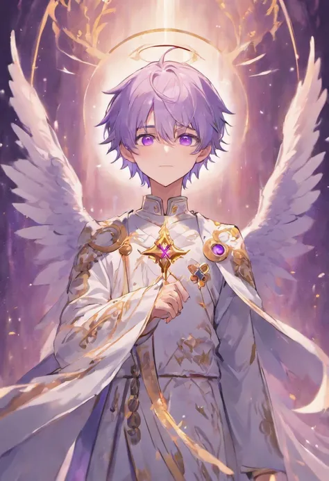 Purple-eyed silver-haired male angel,tall stature,white robes