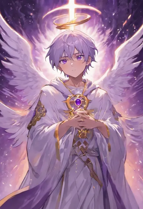 Purple-eyed silver-haired male angel,tall stature,white robes