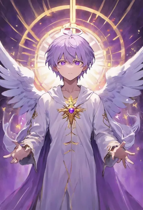 Purple-eyed silver-haired male angel,tall stature,white robes