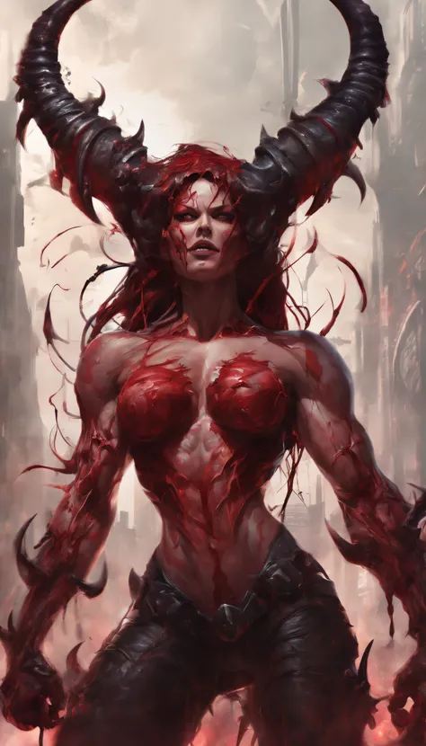 (carnage:1.5),(beautiful female model:1.5), (demoness with Large horns:1.25),(1 super muscular succubus with flayed skin:1.5), (covered in thick muscle suit:1.5), (exposed perfect anatomy:1.5),  high detail, best quality, masterpiece, finely detail, realis...