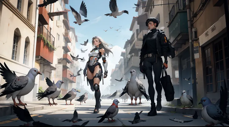 full of pigeons following a cyborg woman