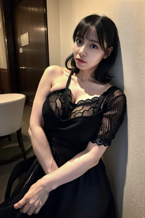 top-quality、​masterpiece、超A high resolution、(Photorealsitic:1.4)、Raw photo、femele、((Black Lace Nightgown))、(((Colossal tits)))、cold light、Colossal tits、(((undergarment)))、