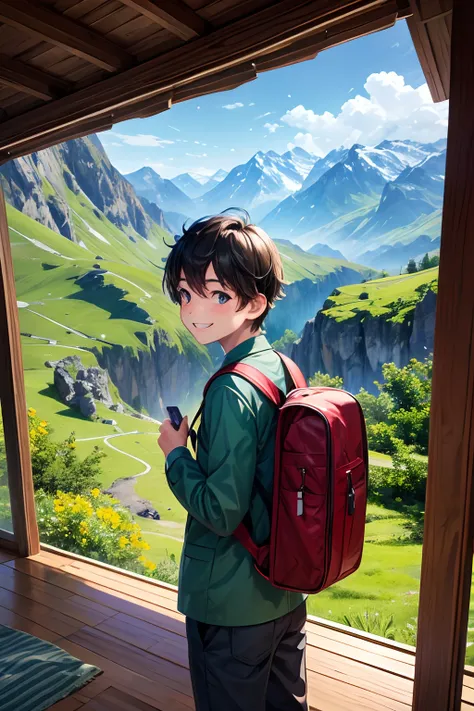 Picture of a boy, side pose, looking right upside towards the mountains, green color school bag on boys back, smiling side-pose landscape, greenery, mountains, animated