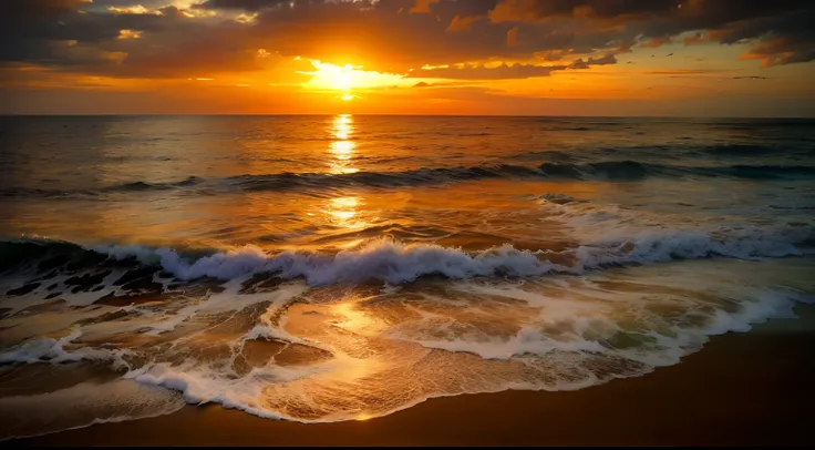 An absolutely mesmerizing sunset over the beach, with a blend of oranges, pinks, and yellows filling the sky. Crystal-clear waters of the sea gently kissing the shore, with sandy white beach stretching far and wide. The scene is dynamic and breathtaking, w...