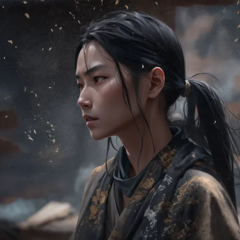 Side 32K，exteriors，Roof，People are small（tmasterpiece，k hd，hyper HD，32K）Long flowing glossy black hair，Tang dynasty complex，zydink， a color，mid afternoon（canyons）， （Linen batik scarf）， Combat posture， looking at the ground， Linen bandana， Chinese python pa...