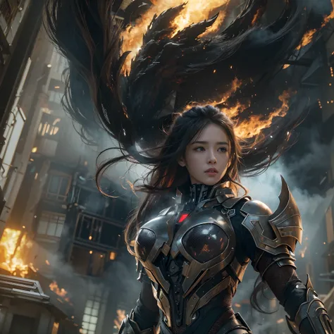 8k, top-quality, （pubic hair beauty）、hight resolution, realisticlying, realperson, A hero wearing glowing armor fighting black smoke and assimilated monsters、The hero is a woman in a building street where fire and smoke rise、The building is collapsing